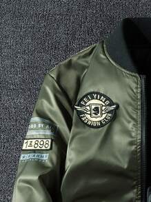 Men Letter Patched Detail Zip Up Bomber Jacket - Army Green - View 5