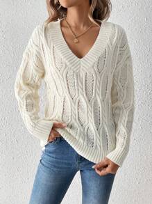 SHEIN Frenchy 女士純色垂墜肩毛衣 - 米色 - 查看 3