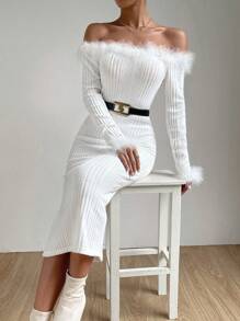 Zolique Off Shoulder Fuzzy Trim Bodycon Dress Without Belt Fall Cloth For Women - White - View 6