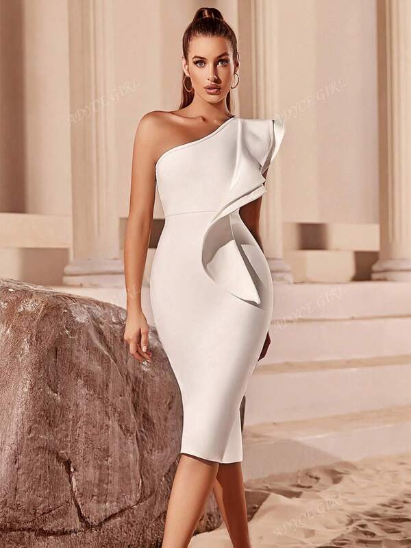 ADYCE Vestido de Coquetel de Bandagem Corpete com Babado Exagerado no Ombro Branco Elegante, Vestido de Formatura Semi Formal para Convidado de Casamento, para Aniversário, Formatura, Jantar, Festa de Volta às Aulas, Páscoa, Vestido de Verão