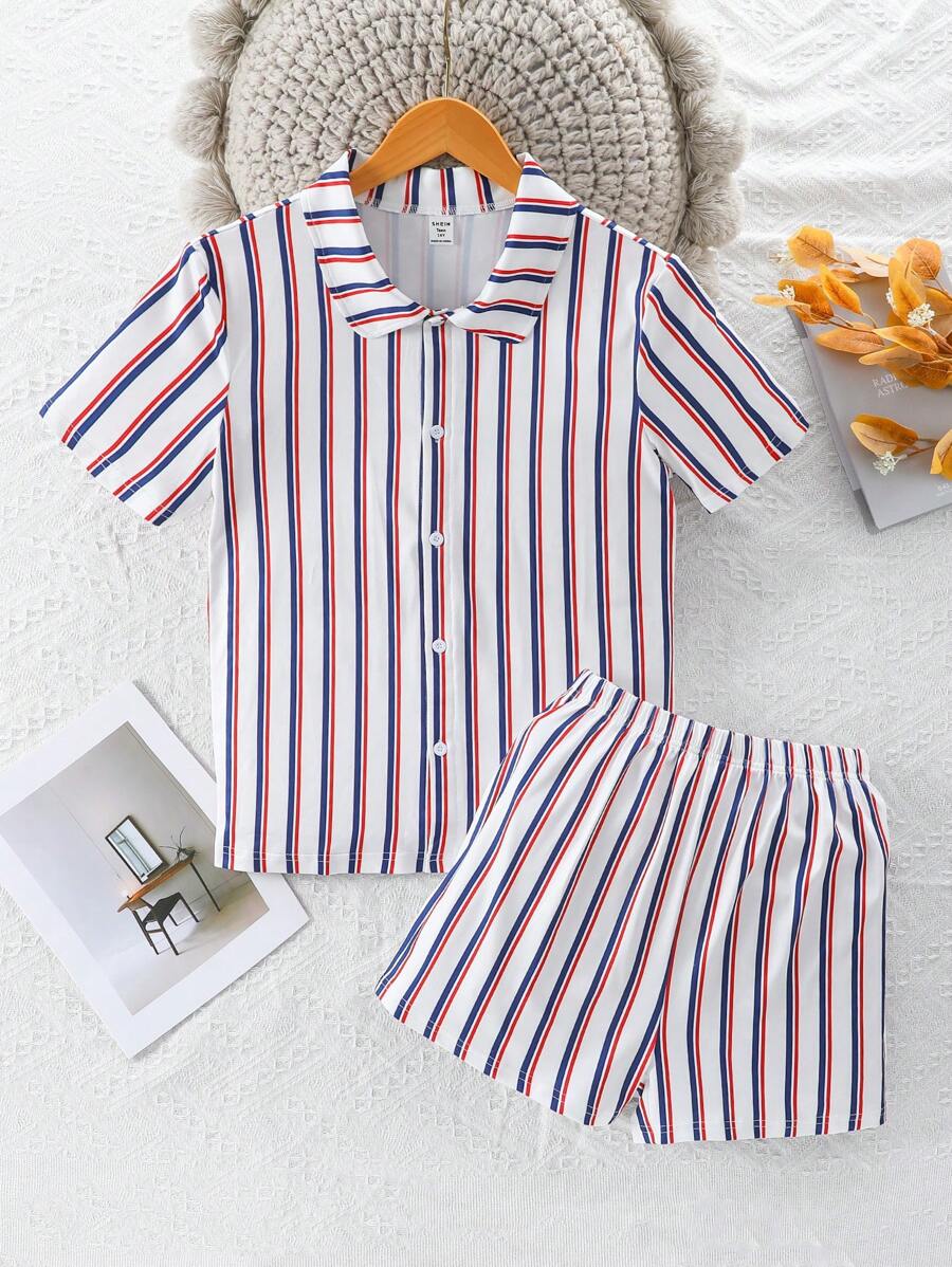 青少年男孩條紋短袖襯衫和短褲休閒套裝，適合室內穿著 - 彩色 - 查看 1