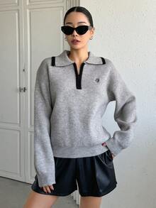 DAZY 半拉鍊休閒套頭毛衣 - 灰色 - 查看 7