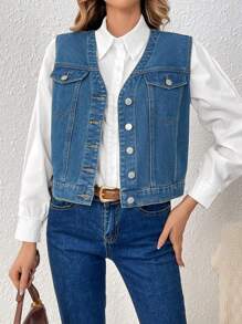 SHEIN Frenchy Denim Vest With Flip Detail, Button Up - Dark Wash - View 3