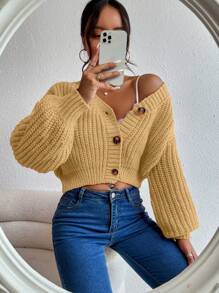 SHEIN Essnce 純色下垂肩短身開衫 - 卡其色 - 查看 4