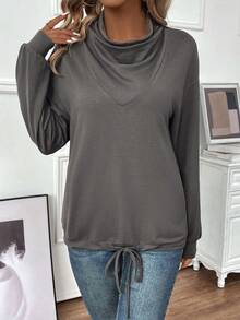 SHEIN LUNE Women's Cowl Collar Solid Color Sweatshirt - Dark Grey - View 6