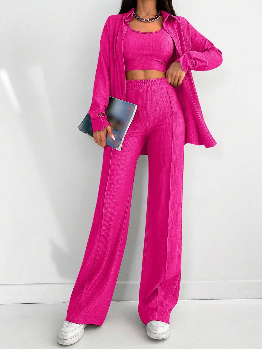 EURMUSE Solid Drop Shoulder Button Up Shirt With Trousers - Pink - View 1