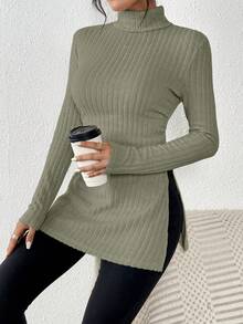 SHEIN Frenchy High Neck Split Hem T-shirt - Green - View 5