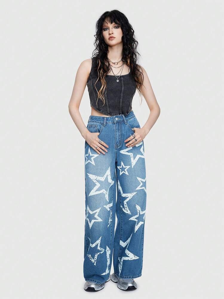 Ladies' Straight-leg Light Blue Star Printed Jeans