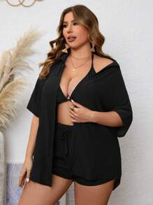 SHEIN Swim Curve Summer Beach Plus Size Drop Shoulder Shirt And Shorts Cover Up Set - Black - View 4