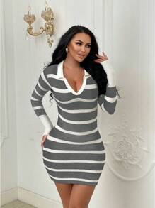 SHEIN SXY Của phụ nữ Sọc Cổ áo tây Đầm Áo len - Xám - Xem 1