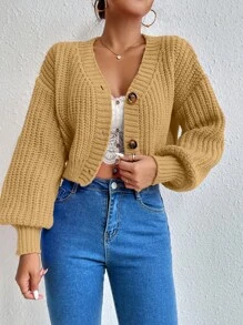 SHEIN Essnce 純色下垂肩短身開衫 - 卡其色 - 查看 5