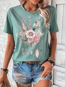 SHEIN LUNE Casual Floral Print Round Neck Short Sleeve Fitted Ladies T-Shirt, Summer Suitable For Going Out