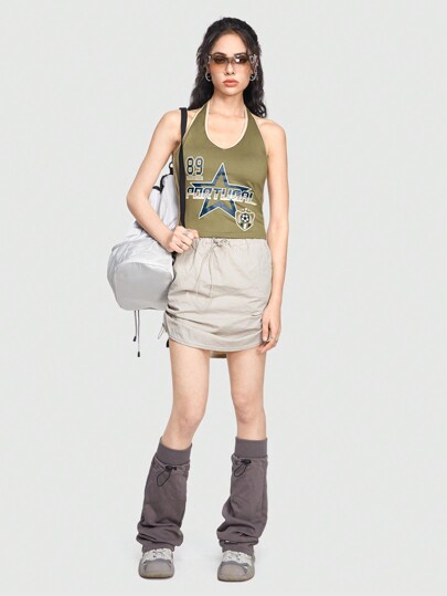 Grunge Punk Damen-neckholder-tanktop Mit Sternenmuster, Buchstabendruck, Farbblock Und Einsatzbesatz
