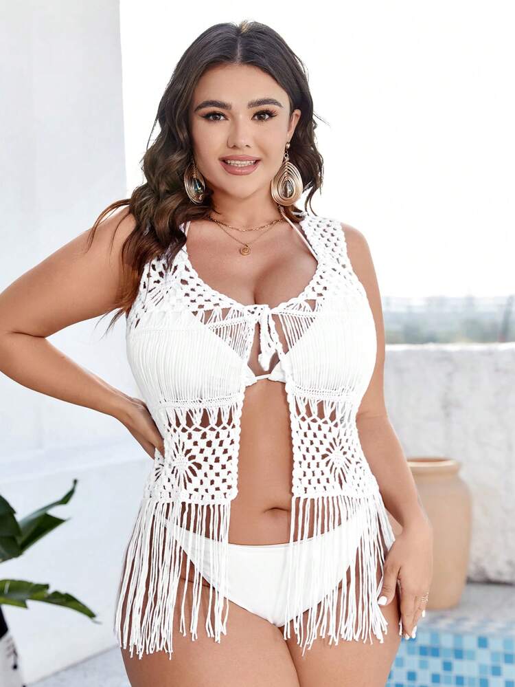 1pc Plus Size Tassel Hem Crochet Kimono Summer