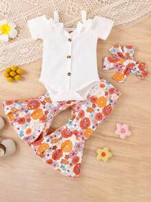 3 pièces/Set Combinaison bébé nouveau-né mignon avec décoration en nœud, pantalon évasé à imprimé floral et ensemble de bandeau