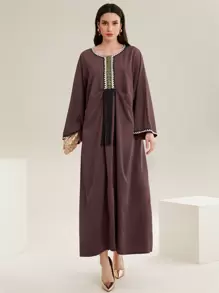 Al Najma 女式流蘇拼布長衫搭配編織絲帶 - 咖啡棕 - 查看 3