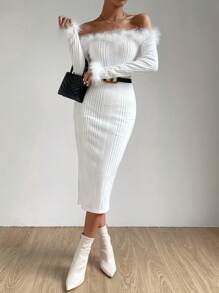 Zolique Off Shoulder Fuzzy Trim Bodycon Dress Without Belt Fall Cloth For Women - White - View 5