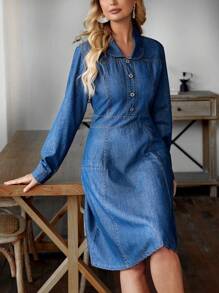 SHEIN LUNE Peter Pan Collar Long Sleeve Denim Dress - Blue - View 4