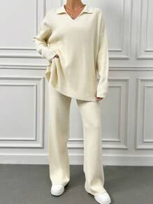 EURMUSE 2 Unids/set Suéter Con Cuello Vuelto De Color Sólido Y Traje De Pantalones Largos - Beis - Ver 1