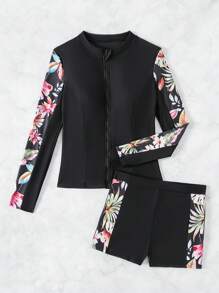 Swim SPRTY 女士圓領拉鍊閉合印花泳衣和泳衣套裝,隨機印花