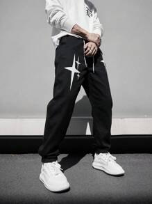 Manfinity Roghcode Vaqueros De Hombre Con Cintura Con Cordón Y Estampado De Estrellas - Negro - Ver 4