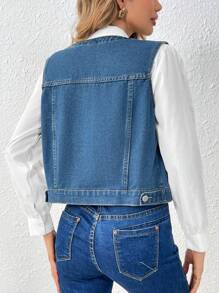 SHEIN Frenchy Denim Vest With Flip Detail, Button Up - Dark Wash - View 2