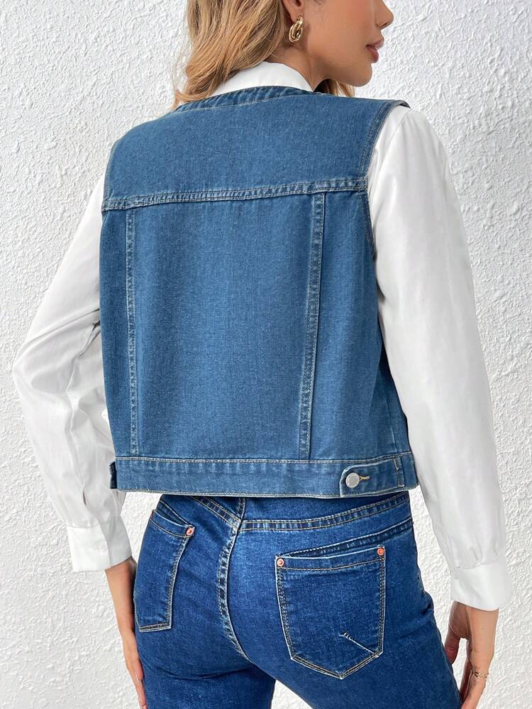 Denim Vest With Flip Detail, Button Up