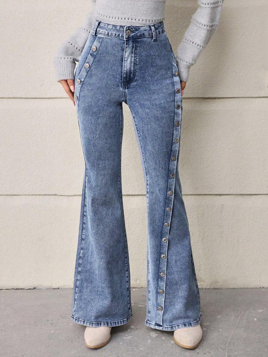 SHEIN LUNE Nút lên Bùng nổ Quần denim - Màu xanh lam - Xem 1