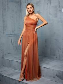 Vestido de dama de honor largo asimétrico con cuello hueco, cintura calada y abertura en la falda de malla - Naranja Quemada - Ver 6