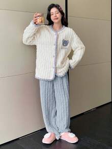 DAZY Cartoon Pattern V-neck Long Sleeve Furry Pajama Set - Blue - View 3