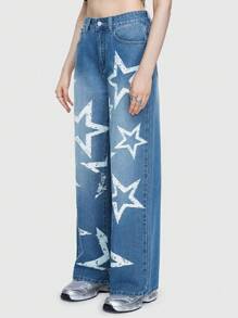ROMWE Street Life Ladies' Straight-leg Light Blue Star Printed Jeans - Light Wash - View 3