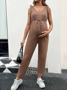 SHEIN 孕婦無袖連身褲,腰部綁帶設計 - 棕色 - 查看 3