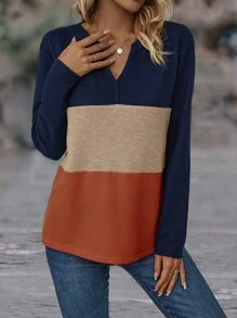 EMERY ROSE Camiseta gráfica de manga larga con bloques de color para mujer, blusas para mujer para atuendo de primavera