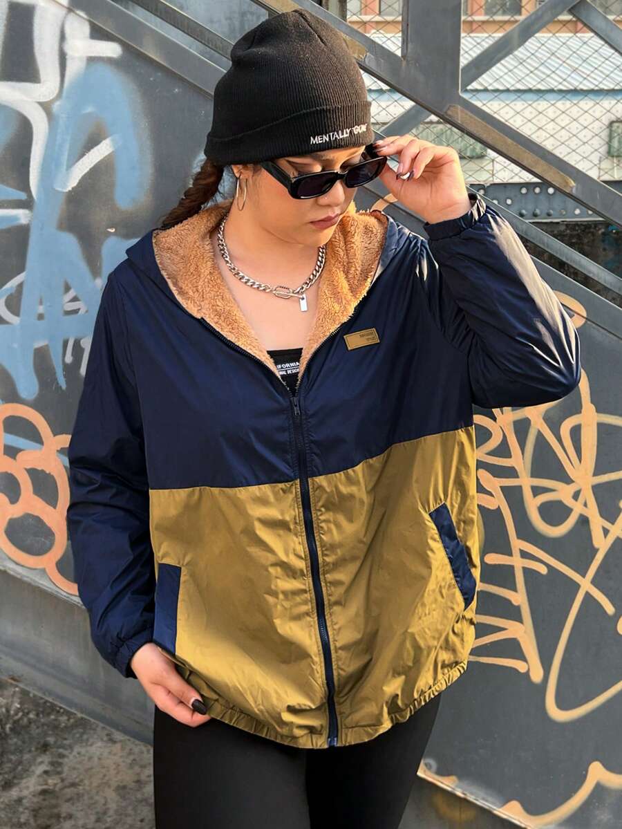 SHEIN EZwear Hơn Hai âm Chi tiết Patched thư áo có mũ Áo khoác - Nhiều màu - Xem 1