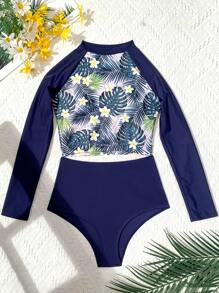 Swim SPRTY Summer Beach Conservative Tropical Printed Long Sleeve High Waist Swimsuit - Multicolor - View 7