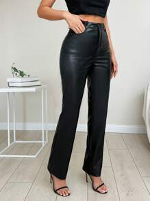 EURMUSE Straight Leg Pu High Waisted Pants - Black - View 1