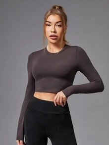 SHEIN Yoga Basic Solid Color Long Sleeve Round Neck Short Sports T-Shirt - Coffee Brown - View 6