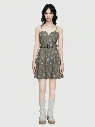 Grunge Punk Outdoor Style Star Print Belt Design Cami Dress