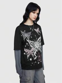 ROMWE Grunge Punk Women's Vacation Style Butterfly Print Contrast Color 2 In 1 Spliced T-Shirt - Black - View 5