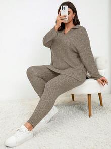 SHEIN Frenchy 大尺碼單色休閒兩件套裝 - 棕色 - 查看 5
