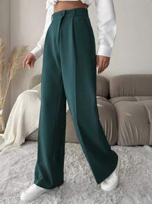 EURMUSE Women's Wide Leg Slacks With Pleat Detailing - Teal Blue - View 5