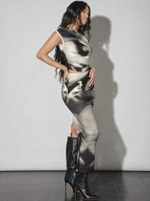 SHEIN BAE Solid Retro Portrait Mesh Print Asymmetrical Neck Top And Low-Rise Slim Skirt - Multicolor - View 6