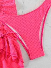 DAZY Tied & Rhinestone Decor Drawstring Solid Color Bikini Set Valentine For Summer Beach Vacation,Ruffle,Tankini Bathing Suit - Hot Pink - View 5