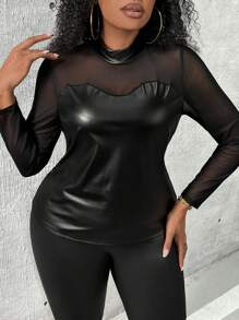 Slaydiva Parte De Arriba De Talla Grande Para Mujer Con Malla Y Parches De Pu - Negro - Ver 1