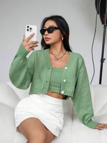 SHEIN Essnce 短款針織前開襟落肩開襟衫和無肩帶針織上衣 - 綠色 - 查看 1