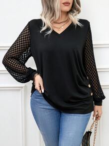 SHEIN Frenchy 大尺碼女款網布拼接長袖 T 卹 - 黑色 - 查看 3