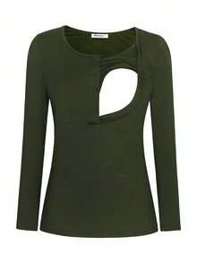 Maternity 3pcs Solid Nursing Tee With Long Sleeve - Army Green - View 8