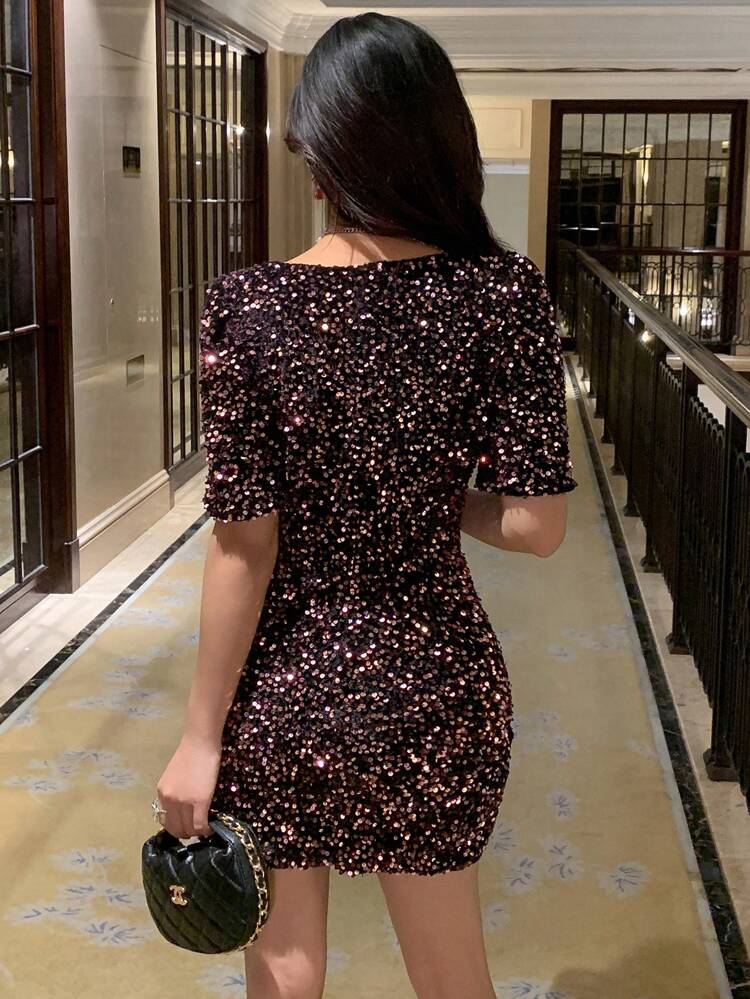 Glitter Puff Sleeve Bodycon Dress, Birthday Prom Dress Party Women Homecoming Dresses Sequin Elegant Women Dresses New Year Eve Dress Carnival Sparkly Dress