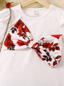 SHEIN Young Girl Flower Pattern Bow Decoration Two-Piece Set - Red and White - View 5