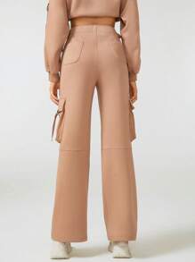 Cacao Bloom 设计师品牌女款纯色翻盖口袋运动裤，秋季，适合秋冬季，假日 - 卡其色 - 查看 2